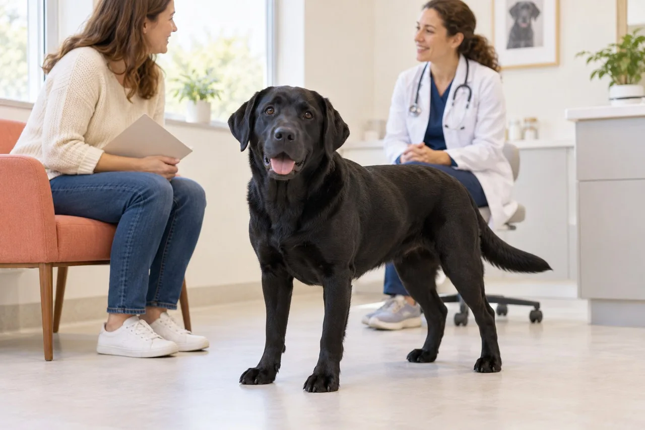 Large black dog beside an owner and veterinarian in a consultation room