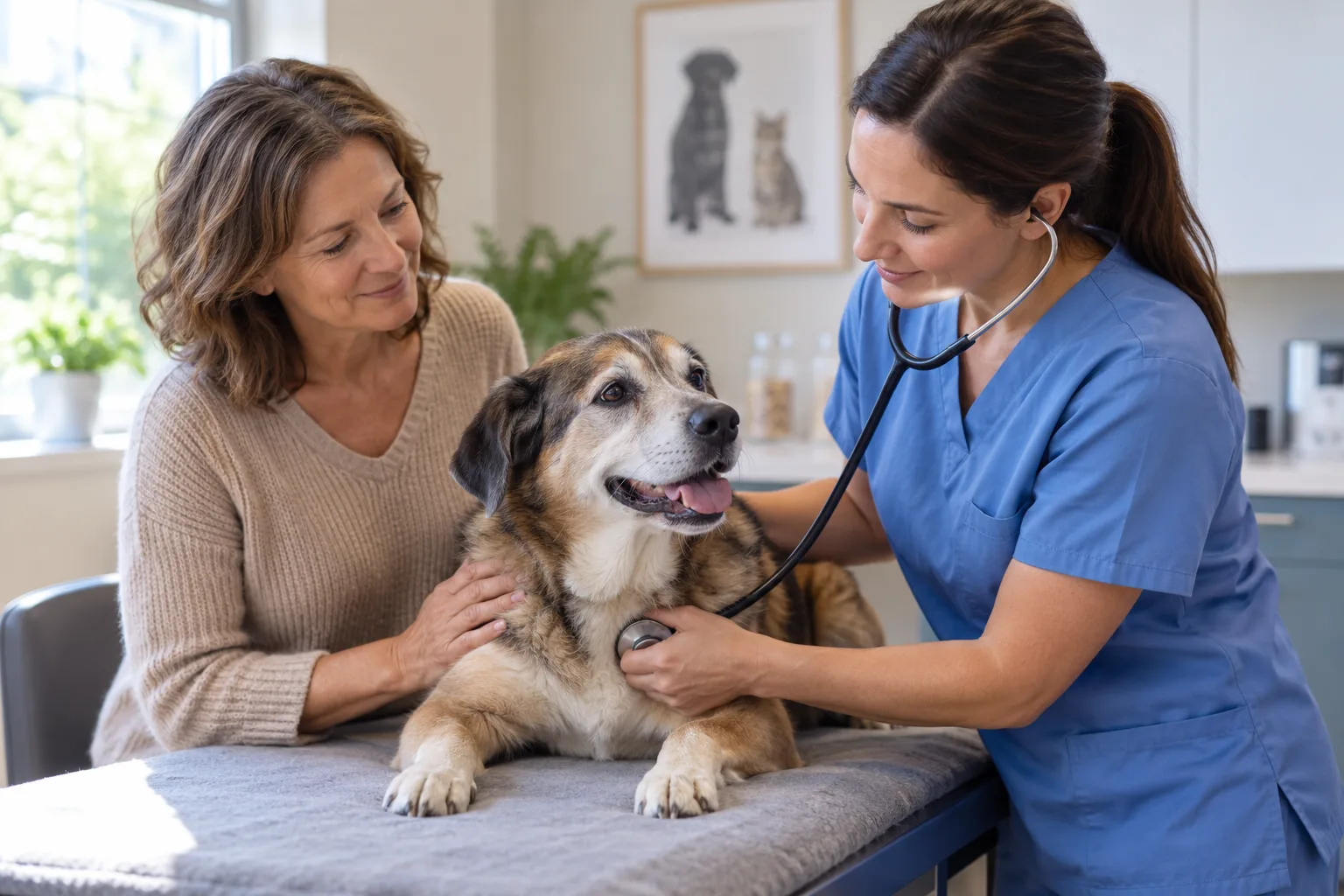 Veterinary professional and owner beside a large dog